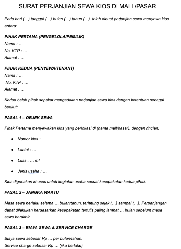 contoh surat perjanjian sewa tempat usaha