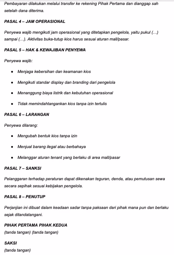 contoh surat perjanjian sewa tempat usaha