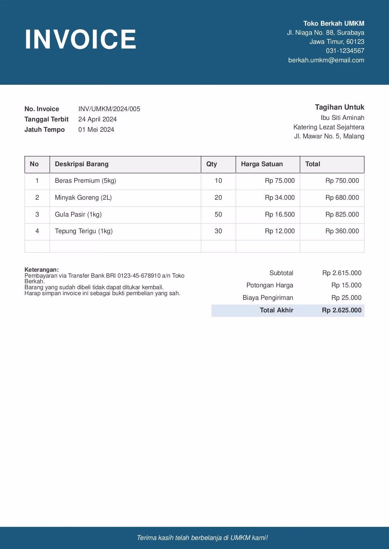 contoh invoice excel