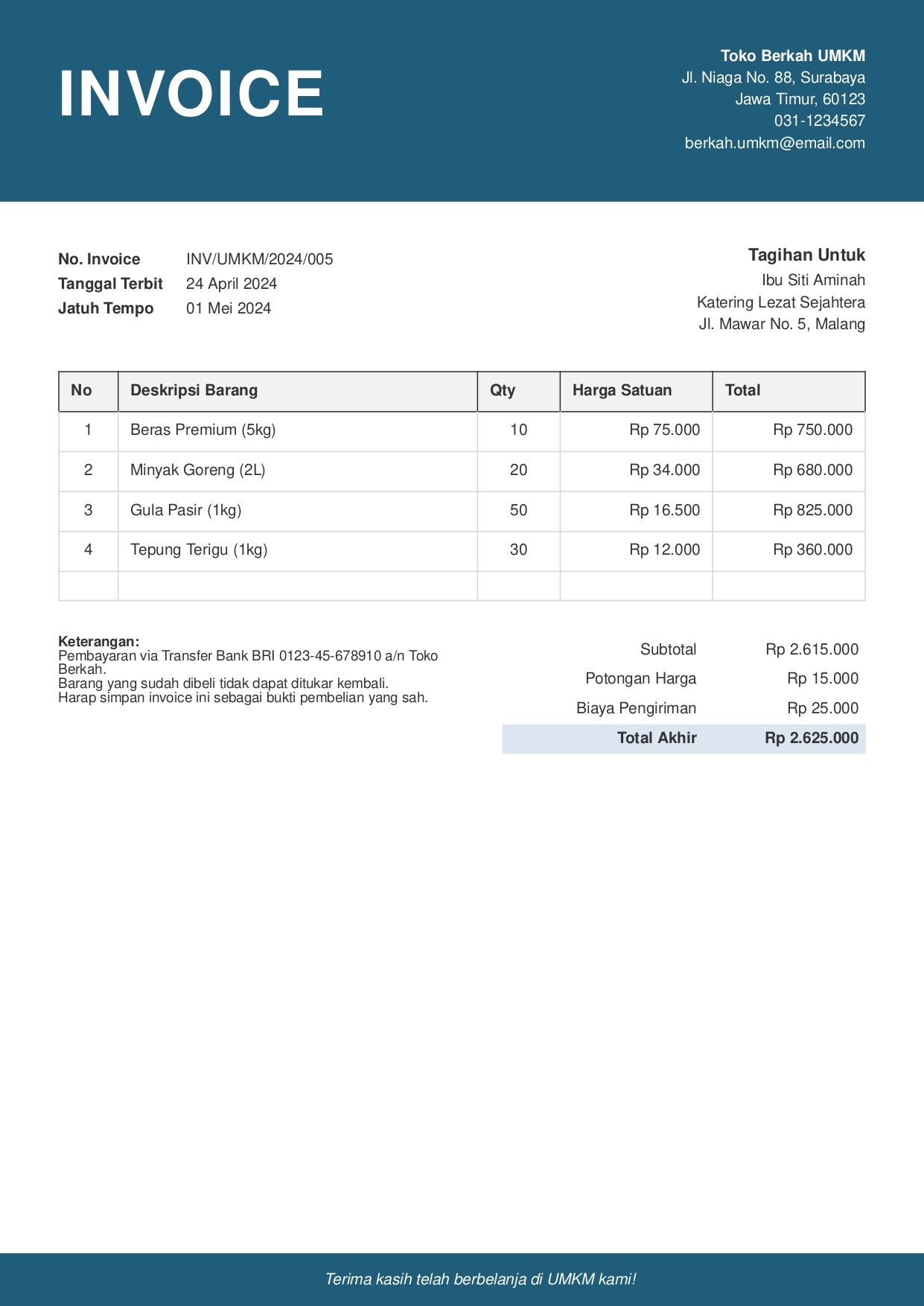 contoh invoice excel