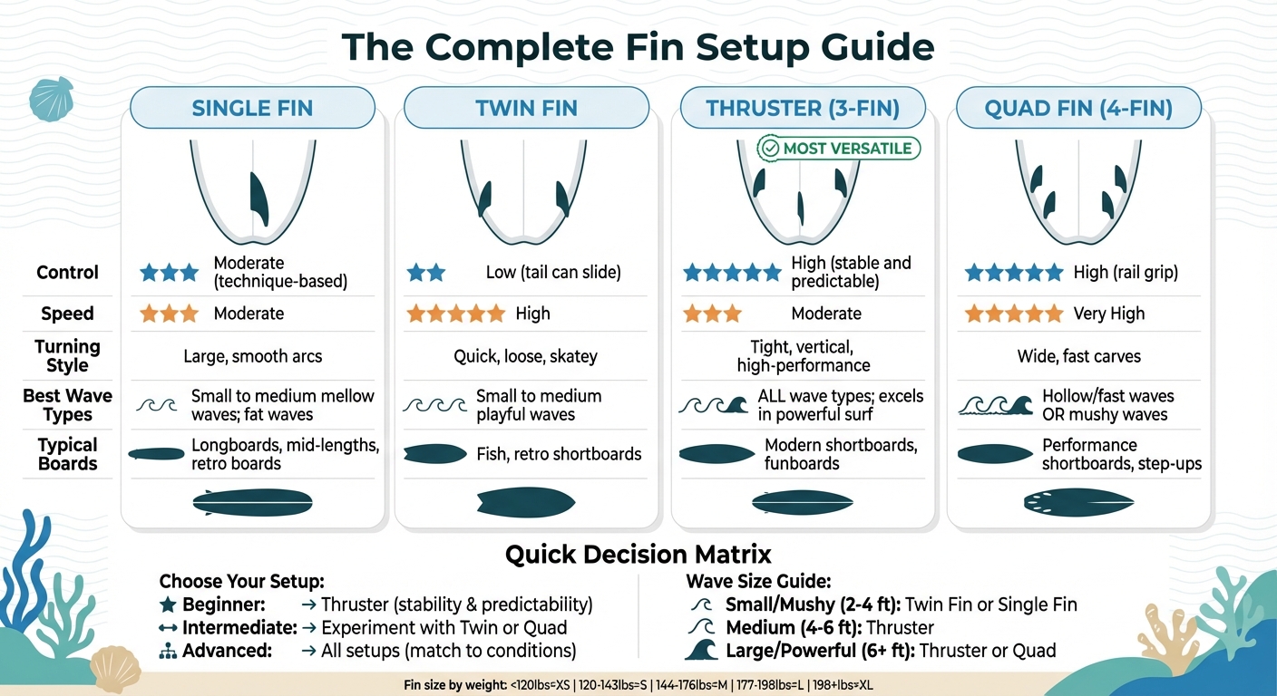 Surfboard Fin Setup Comparison Guide: Single, Twin, Thruster & Quad Fins