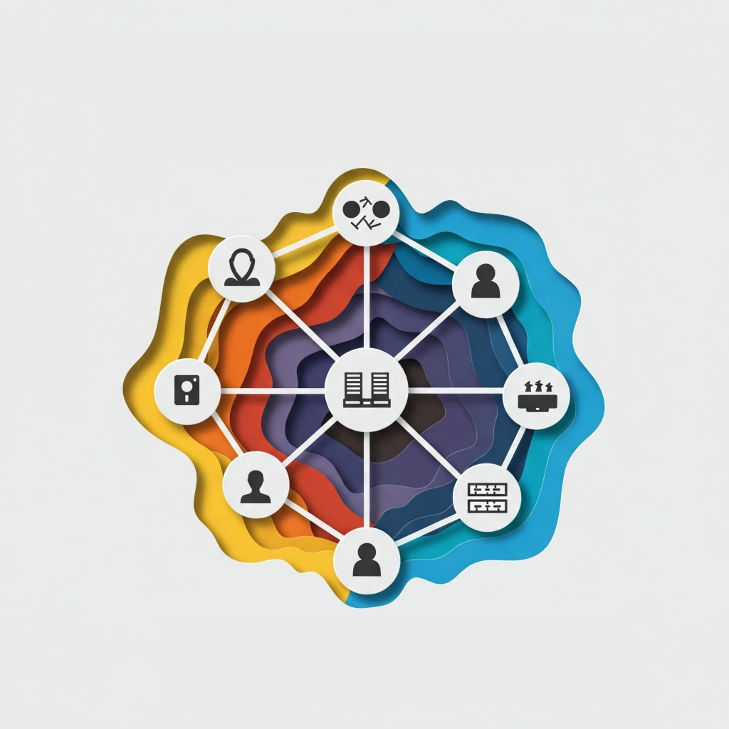 the image is a 3D graphic representation of a network of interconnected people policies and devices with a central hub policy.