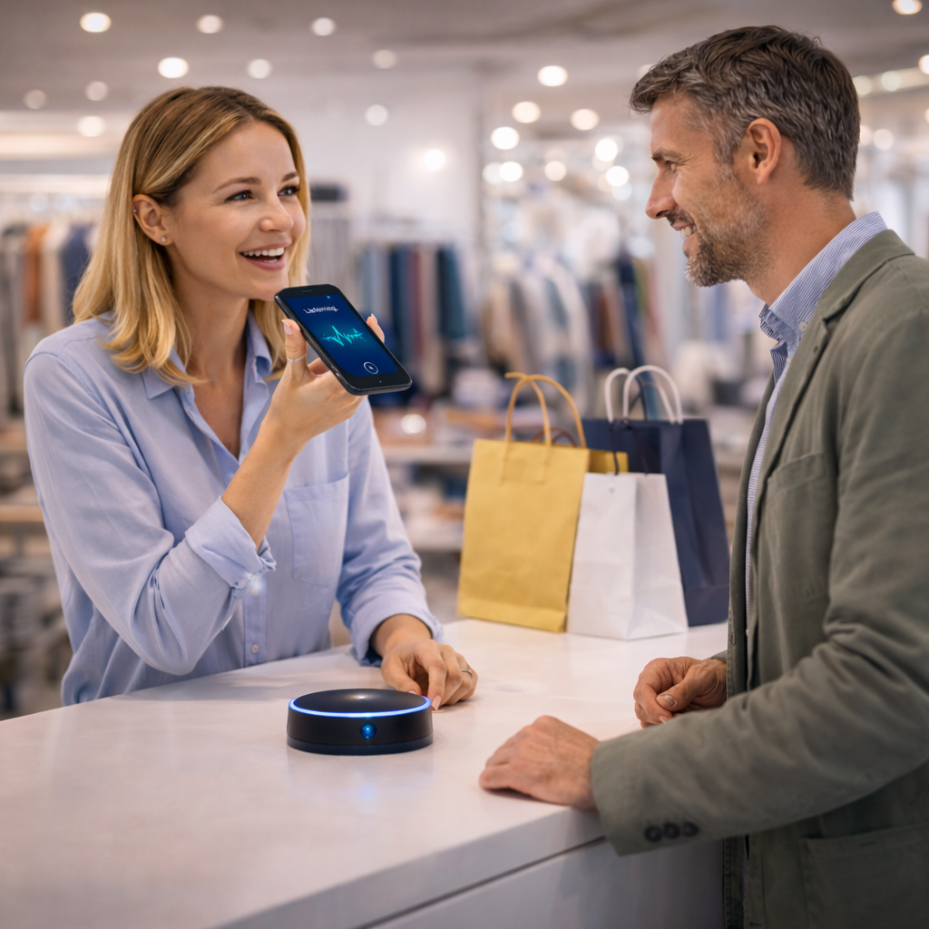 Butikspersonal använder AI-assistent via mobil för att hjälpa kund i butik.