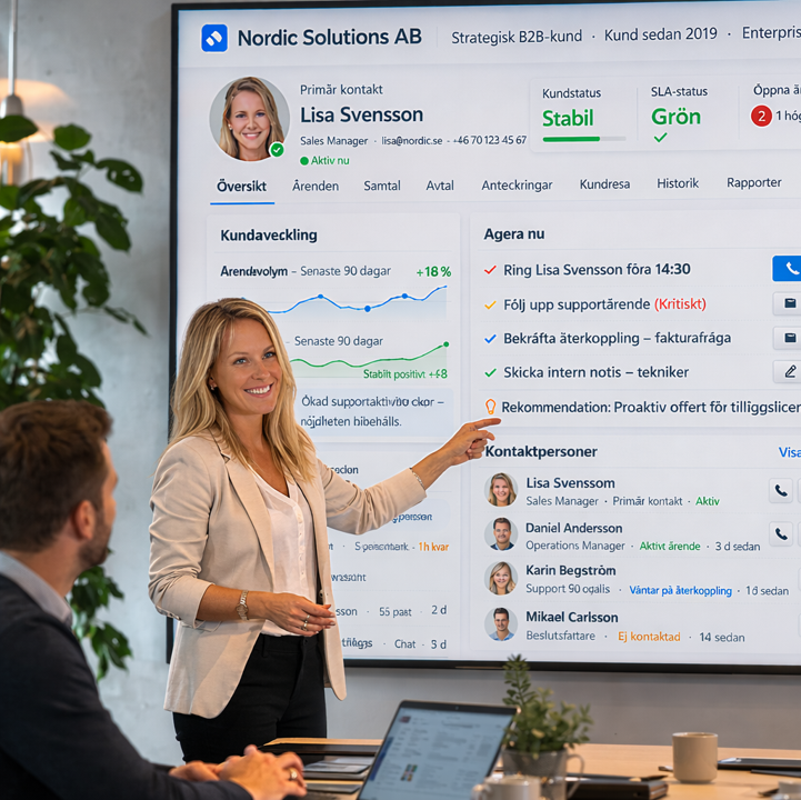 Presentation av CRM-systemet Customer First som samlar kunddata och automatiserar arbetsprocesser.
