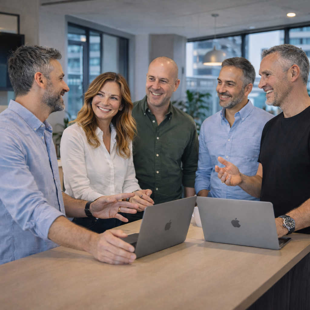 Fem kollegor står runt ett bord med laptops och diskuterar i kontorsmiljö