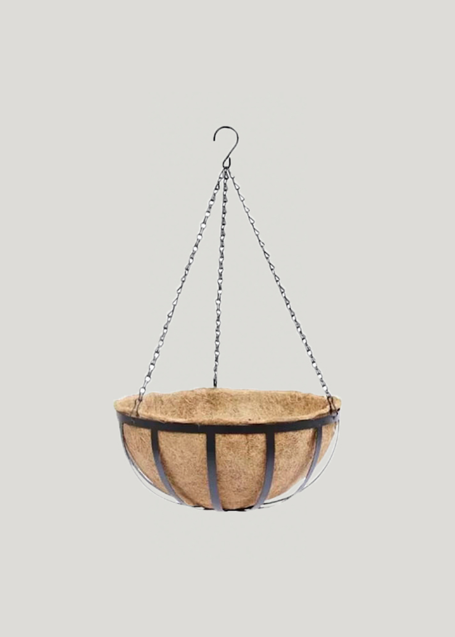 Black metal outdoor hanging basket.