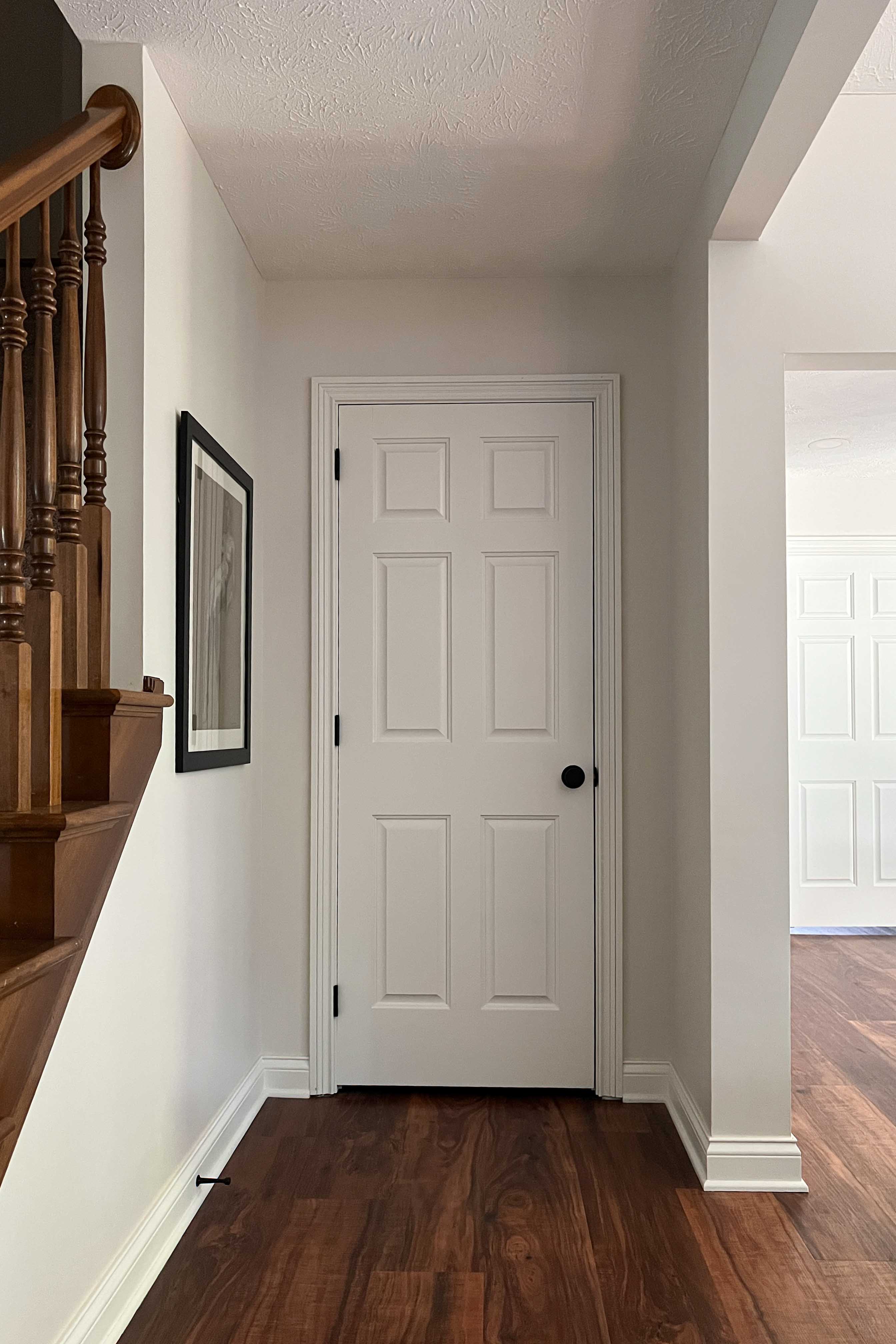 A bright hallway featuring a painted white six-panel door with matte black hardware, white baseboards, dark hardwood floors, and a wood staircase railing.