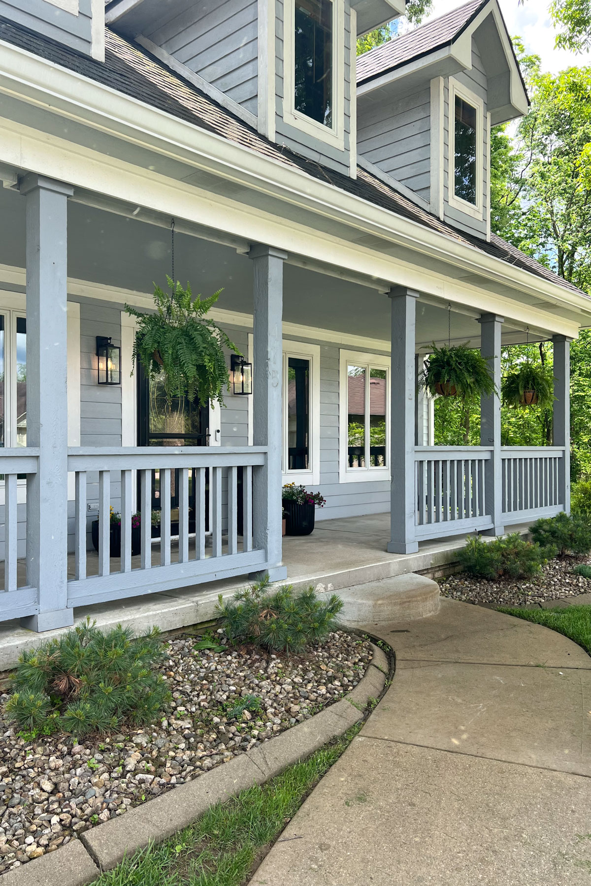 Front view of a house with a light blue painted porch, light blue-gray siding, and hanging ferns, with a concrete walkway leading up to it.