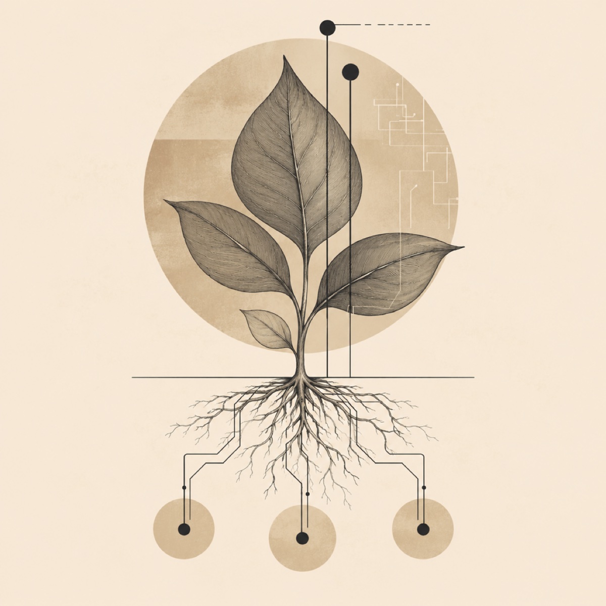 Engraved plant whose roots run as circuit traces to three connected systems