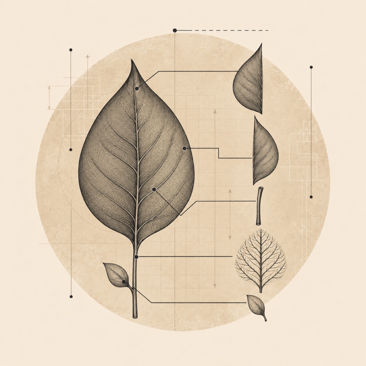 Engraved leaf taken apart into its component parts, each linked back to its place, like a bill of materials