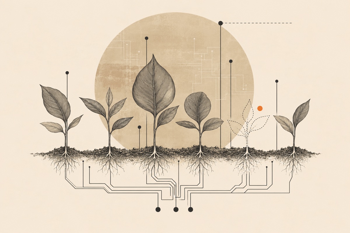 Six small seedlings sharing circuit-trace roots; one is a dashed outline marked with an orange dot, flagged for review