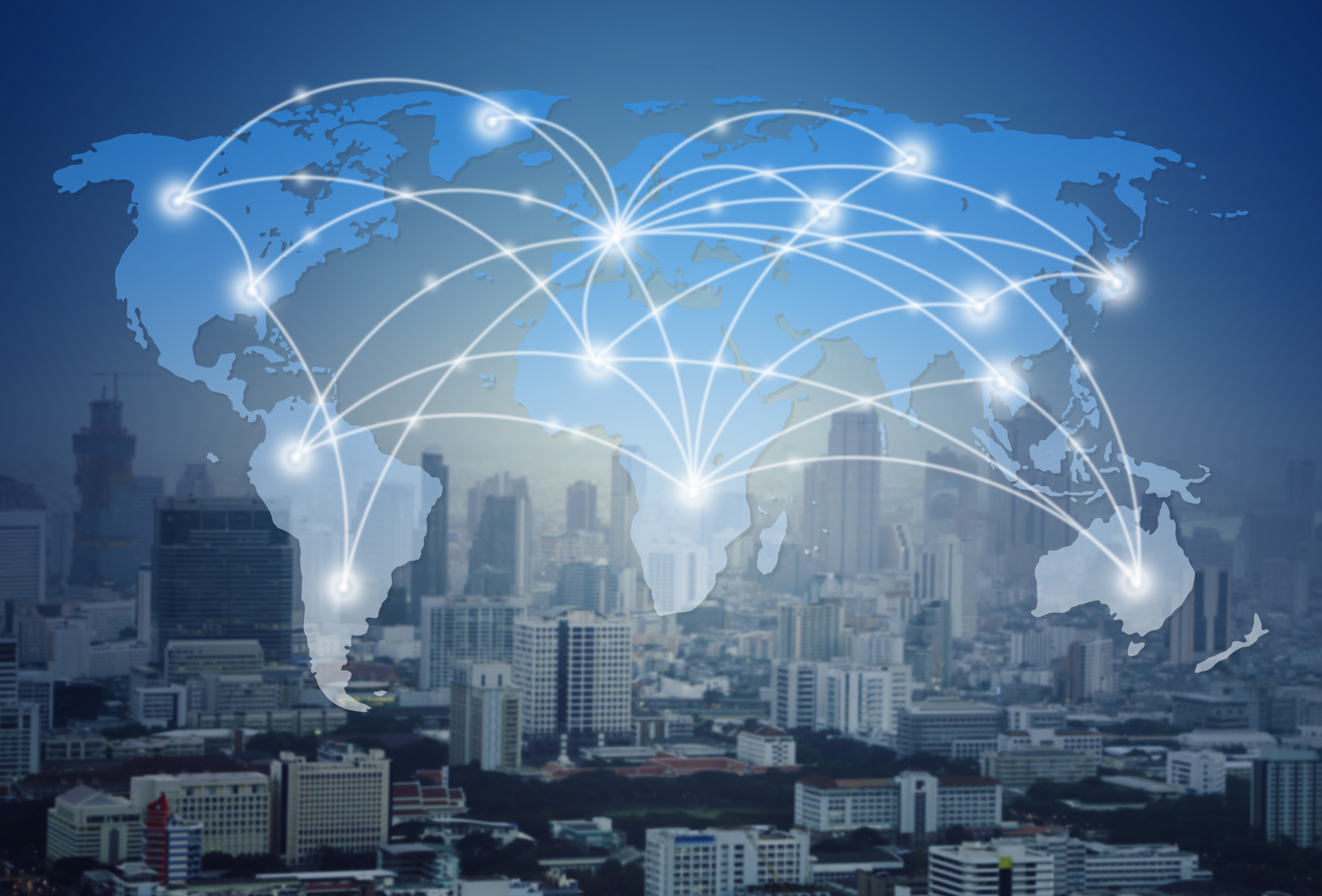 World map with a global network over a city