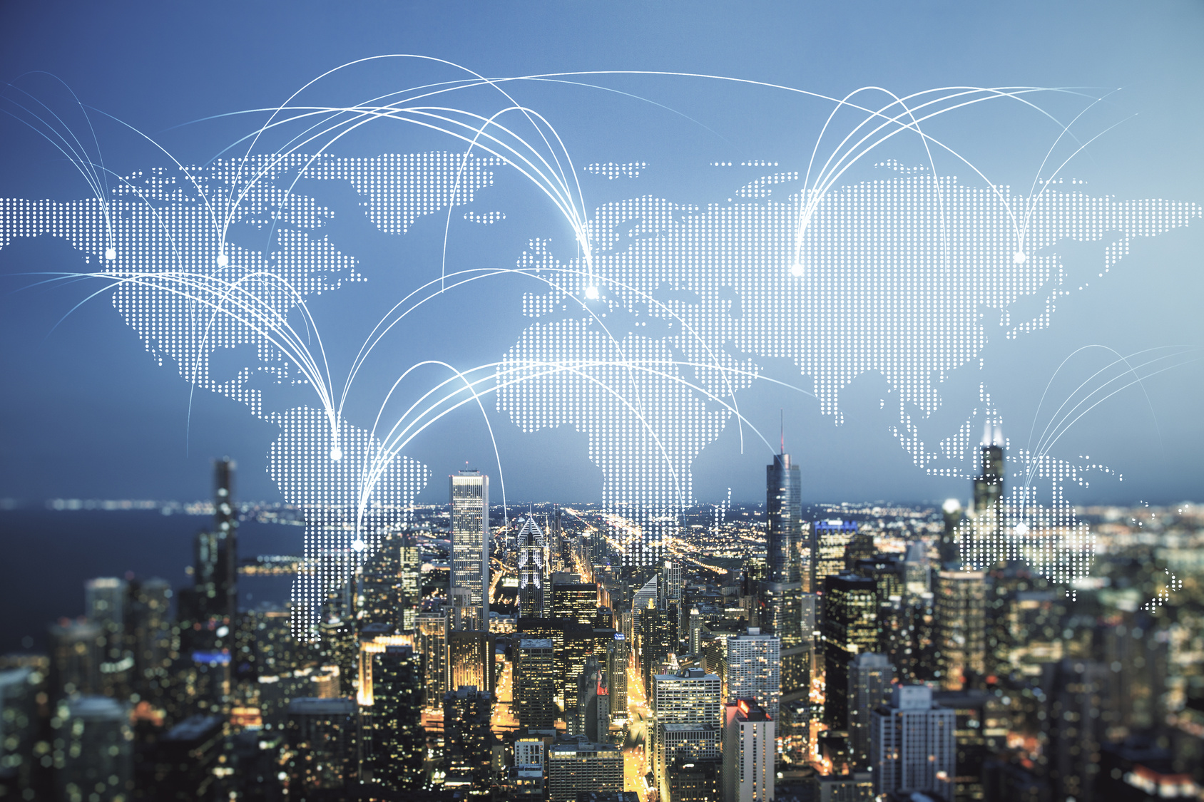Digital world map hologram over a city skyline