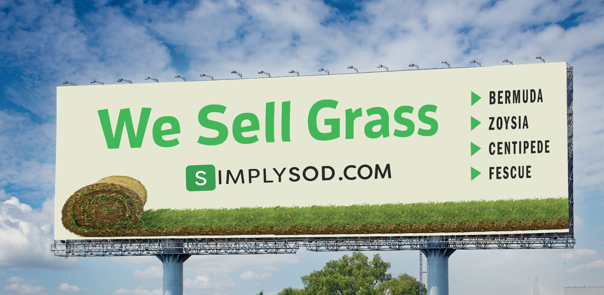 Billboard advertising SimplySod.com with rolled sod and text listing grass types: Bermuda, Zoysia, Centipede, and Fescue.
