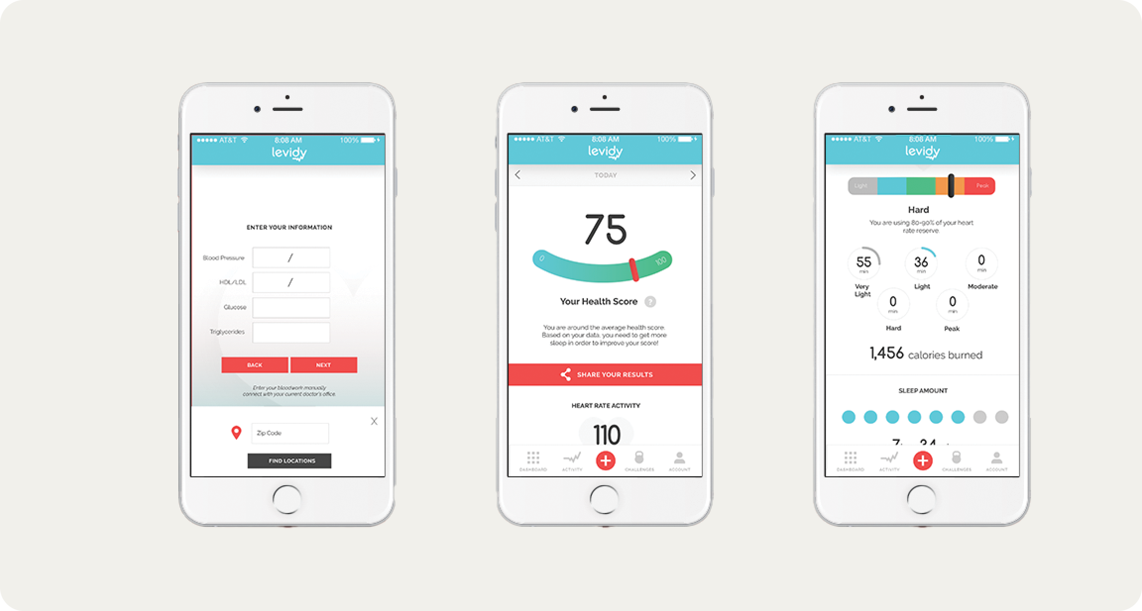 Three iPhones displaying the Levidy app interface: input form for health data, health score with heart rate activity, and exercise intensity with calories burned and sleep amount.
