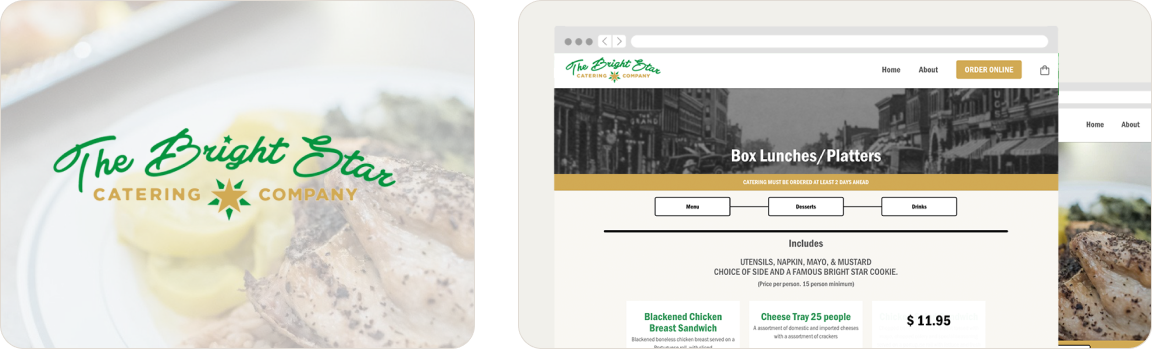 The Bright Star Catering Company logo over a blurred plate of food and a screenshot of the company’s online menu for box lunches and platters.