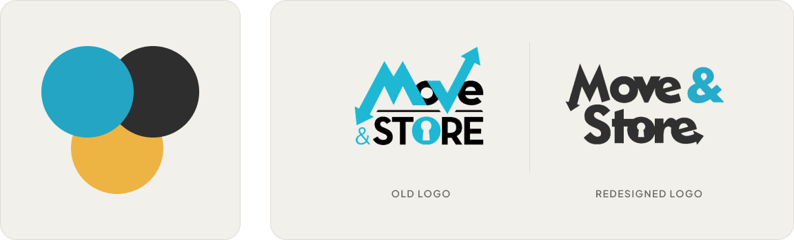 Comparison of old and redesigned Move & Store logos; old logo features arrows and a keyhole, redesigned logo has bold text with arrow accents.