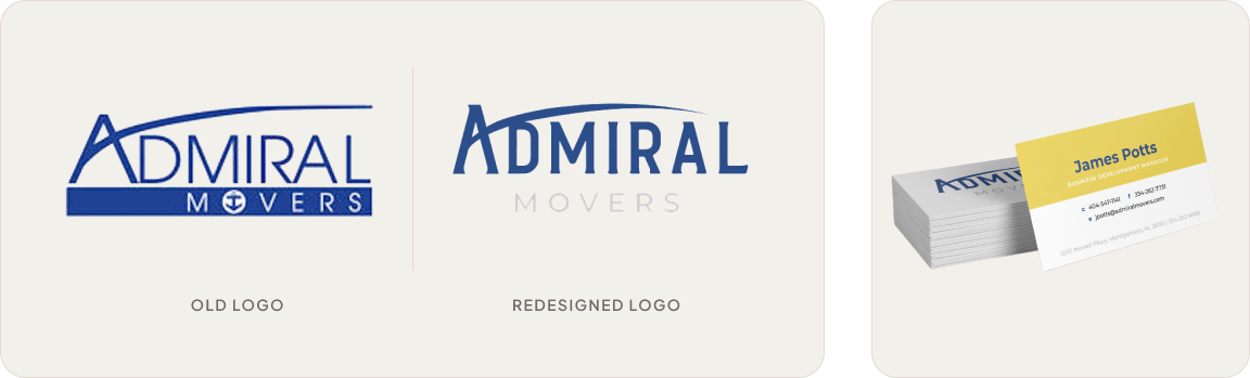 Comparison of Admiral Movers logos showing old logo with a sailing ship theme and redesigned logo with a modern, simplified design, alongside a stack of business cards for James Potts.