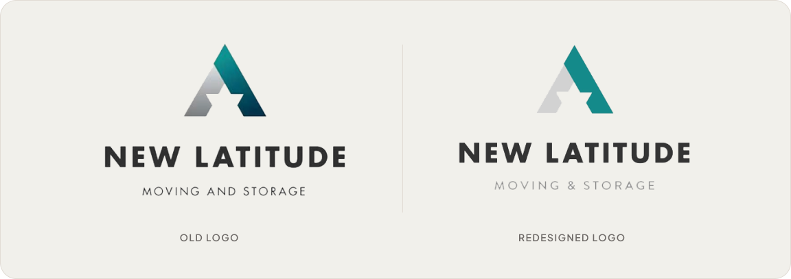 Comparison of old and redesigned New Latitude Moving and Storage logos featuring a stylized letter A and bold text.