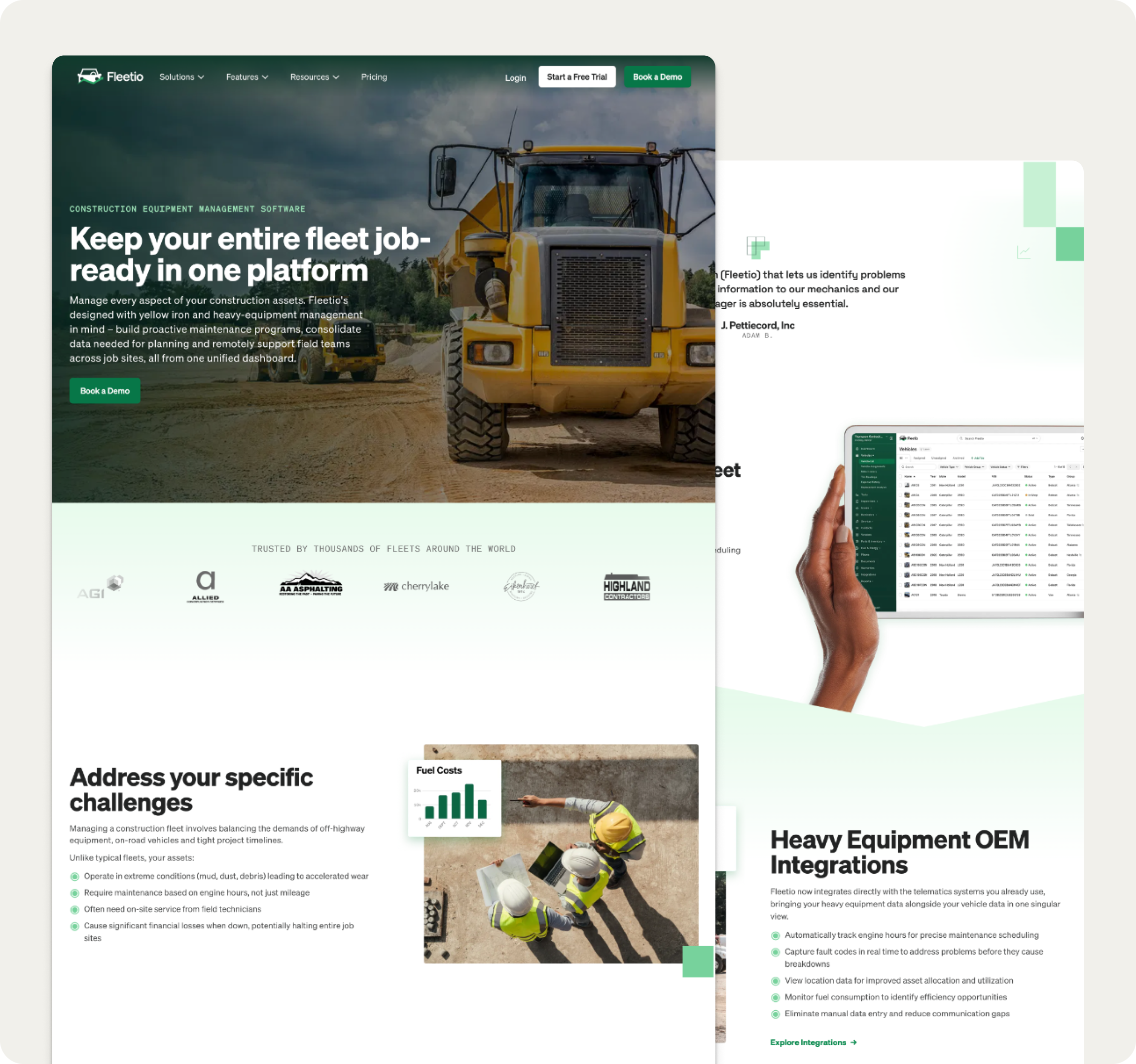 Construction equipment management software webpage showing a yellow dump truck, fleet job management features, partner logos, and heavy equipment OEM integration benefits.