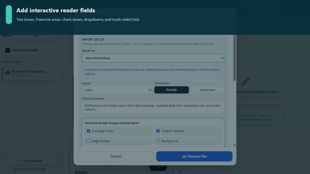 Interactive field options for adding text boxes, freewrite areas, check boxes, dropdowns, and multi-select lists