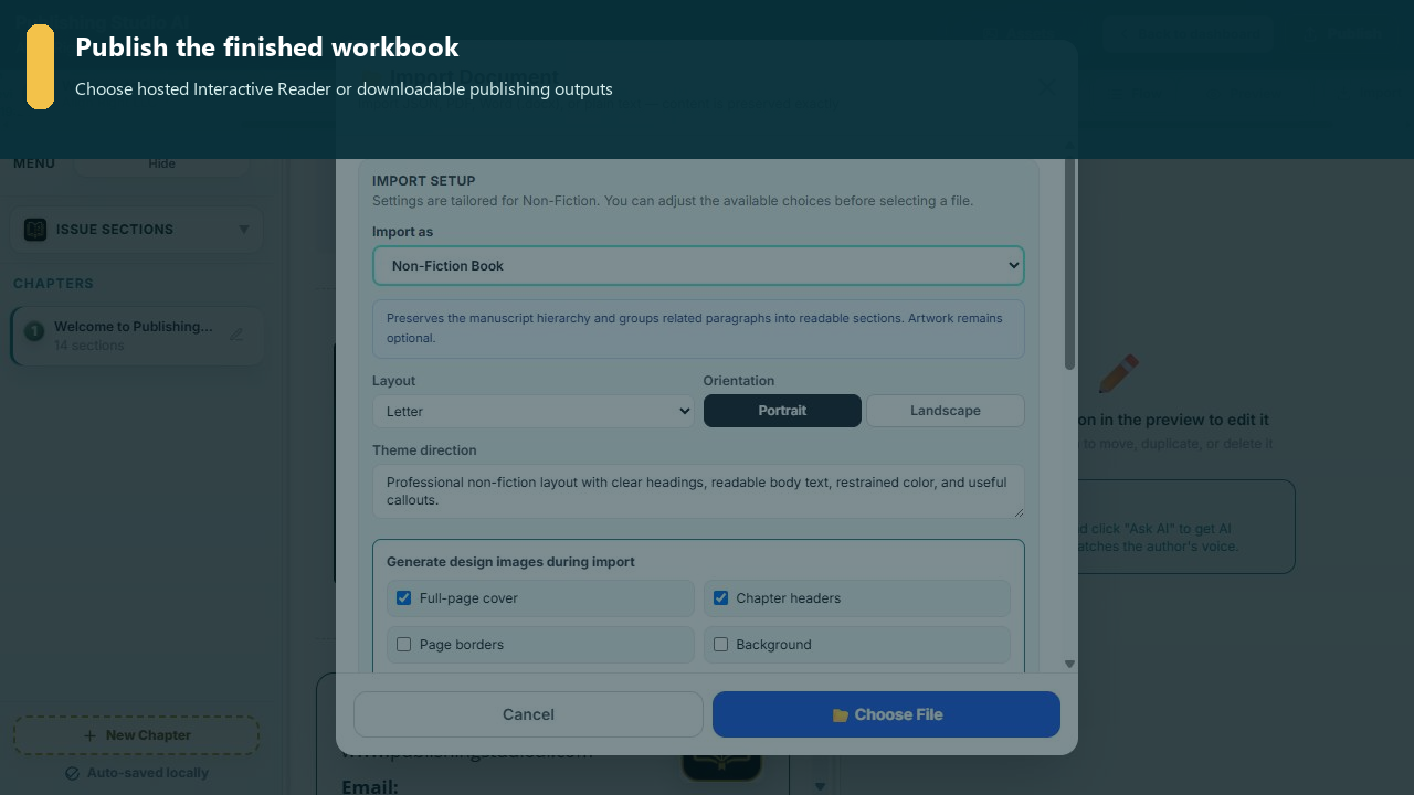 Publishing options for releasing an interactive workbook as a hosted reader or downloadable file