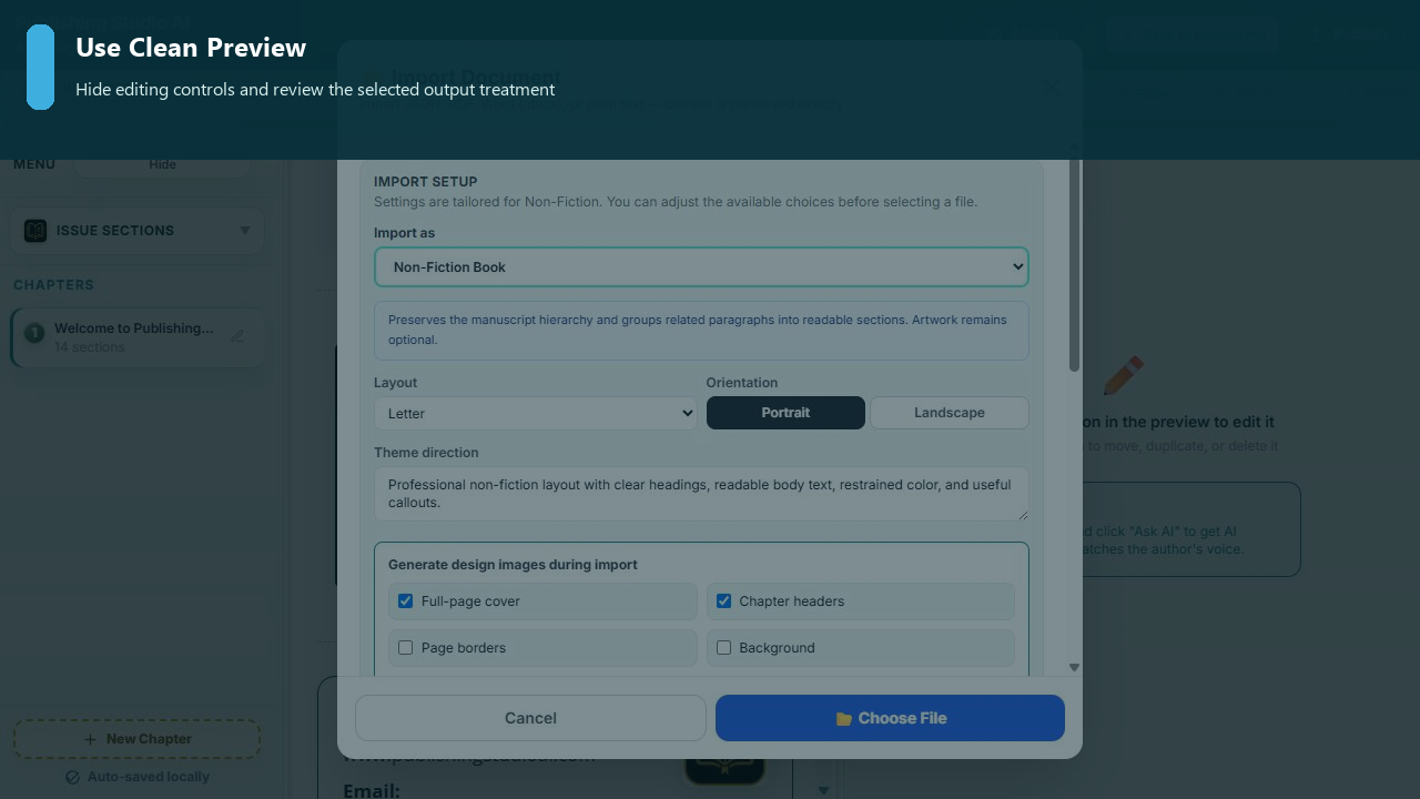 Clean Preview workflow for reviewing a workbook page without editing controls