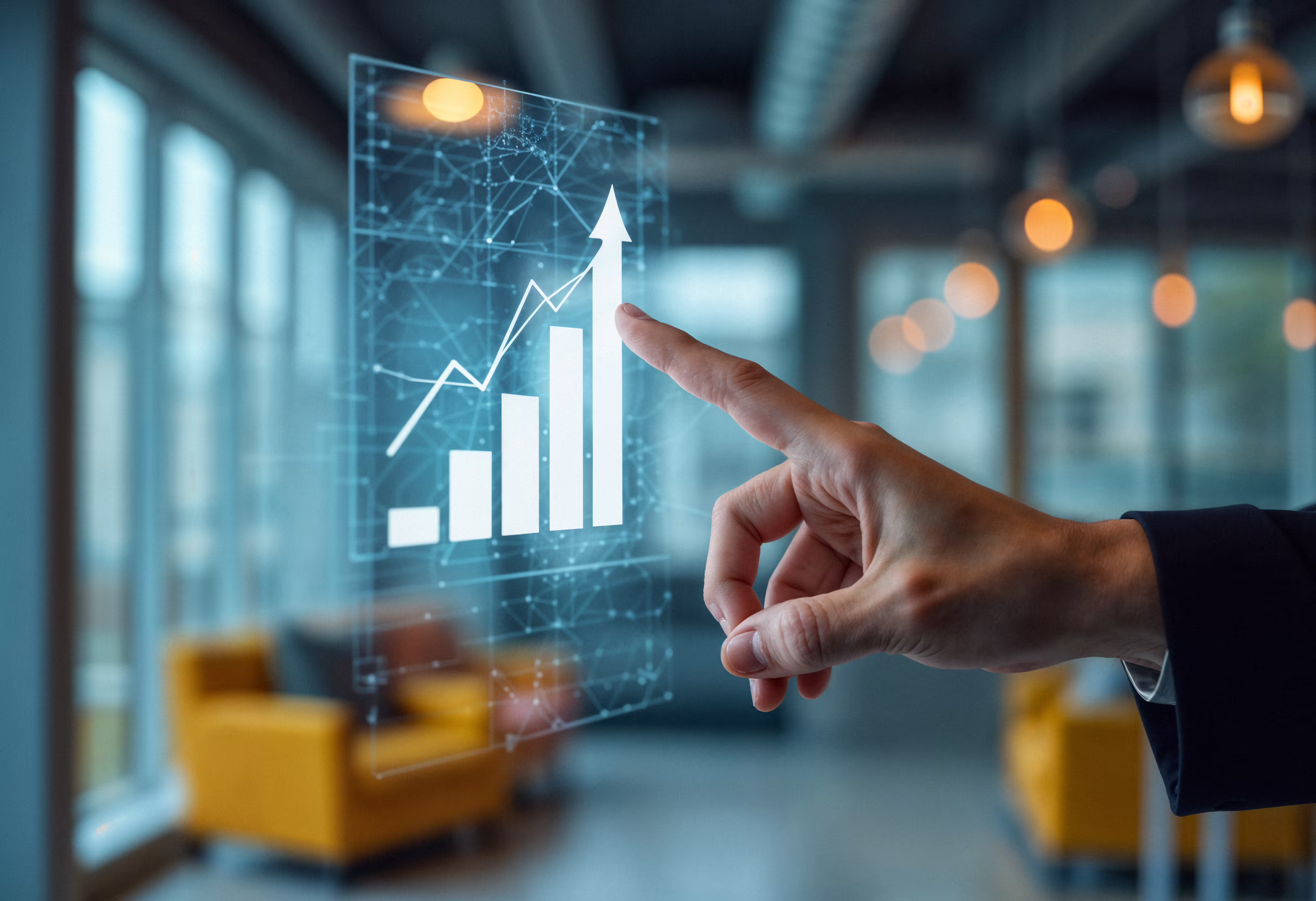 Business hand pointing to increasing bar chart