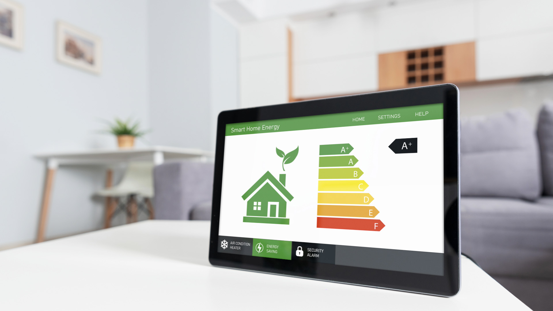 Tablet displaying smart home energy efficiency app with energy rating scale from A+ to F