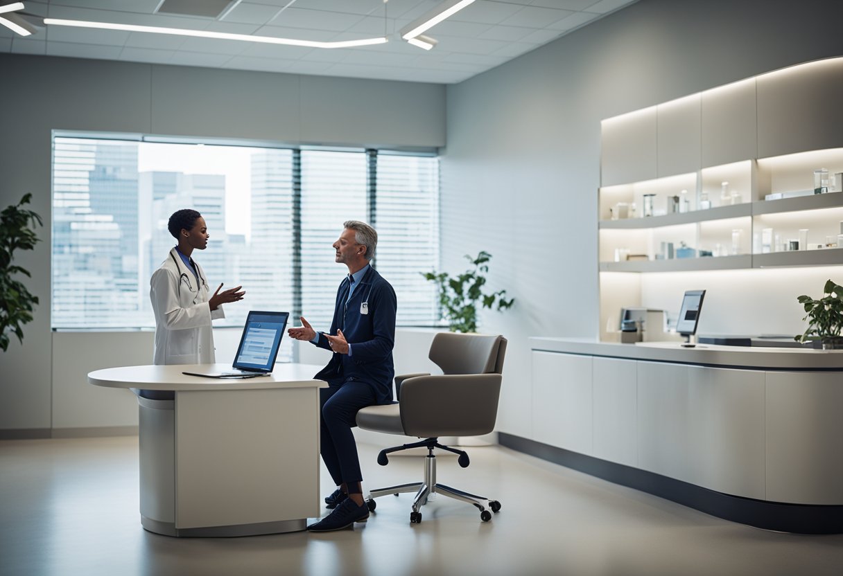 Un médecin discutant des options de traitement avec un patient dans un cadre clinique moderne et lumineux.