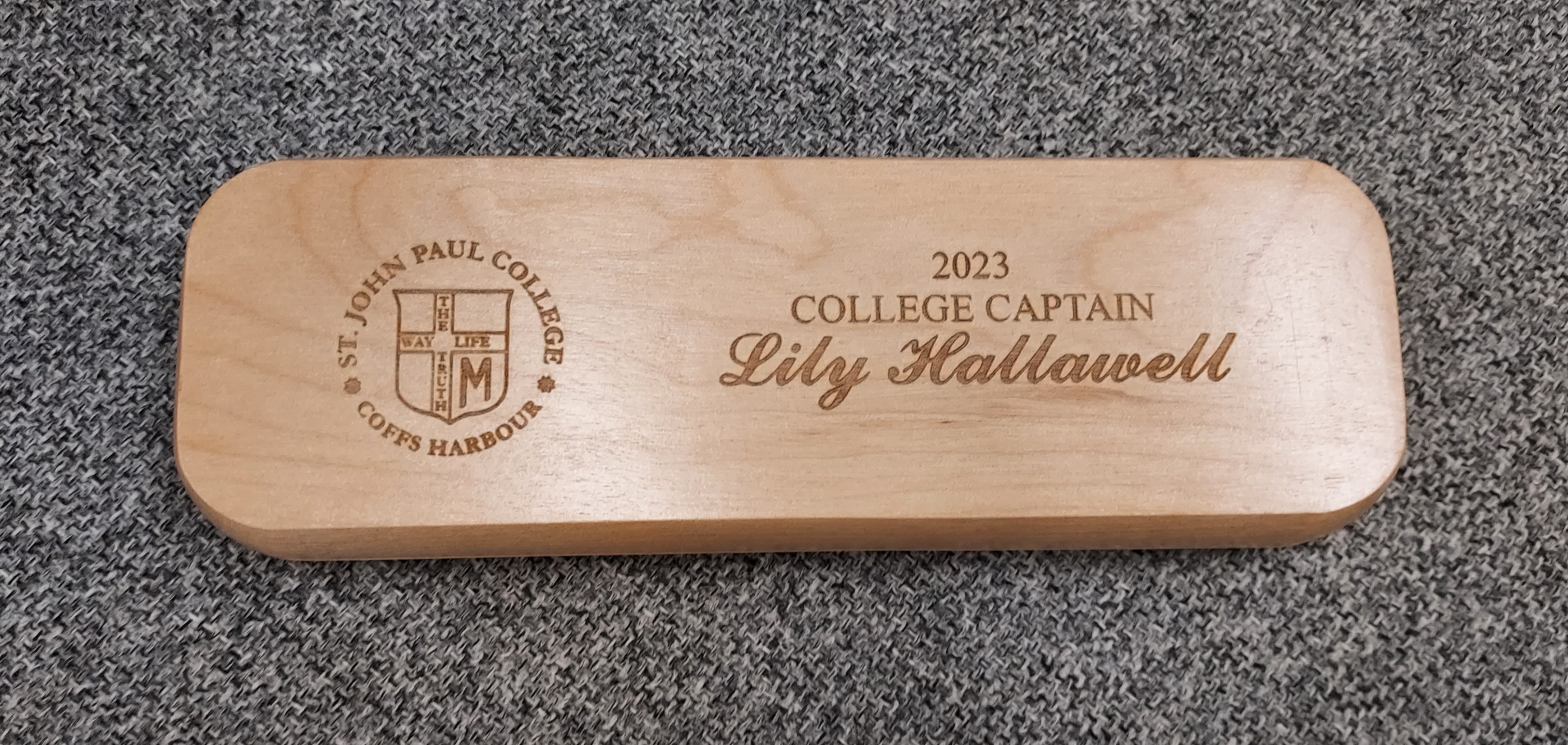 wooden badge from Gregs Trophies Coffs Harbour