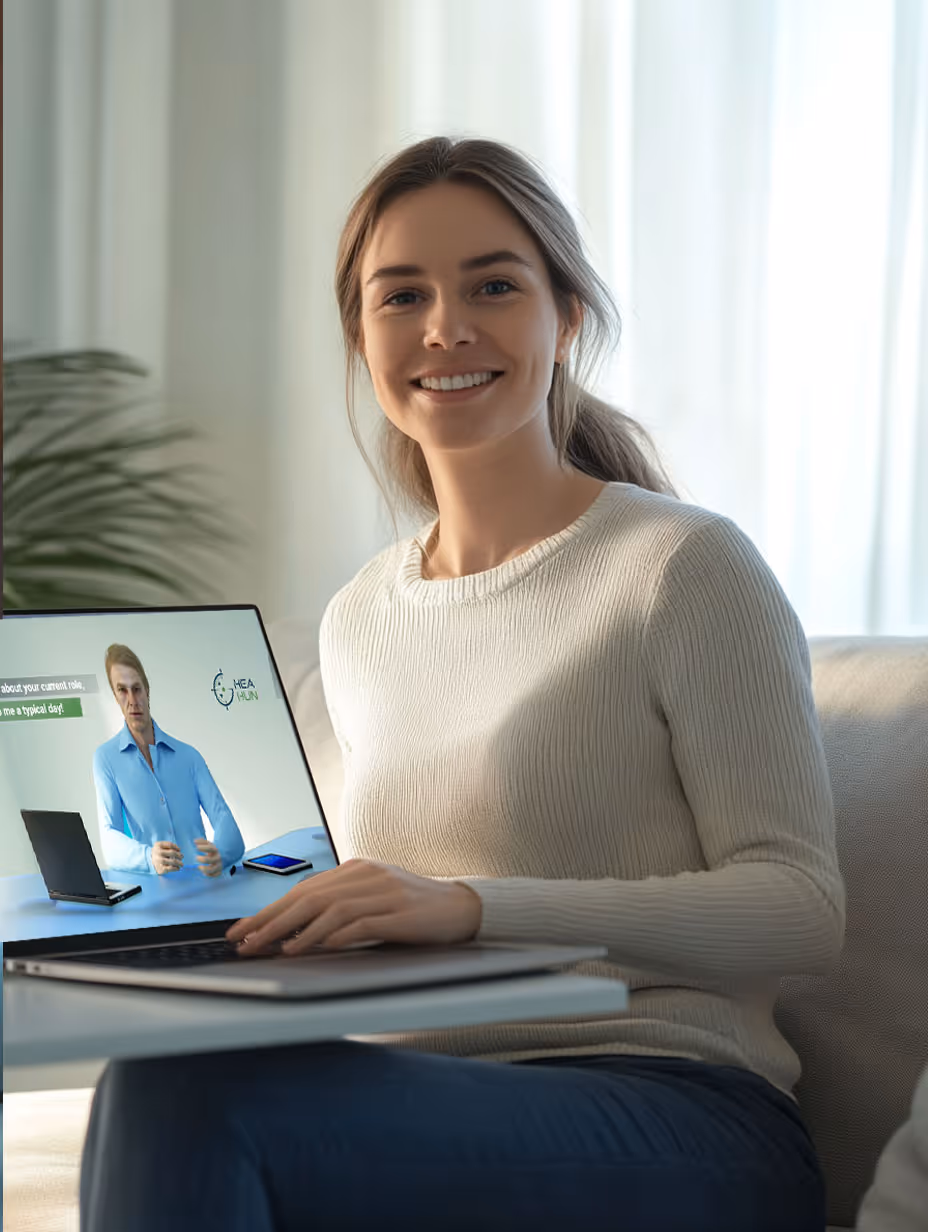 A young woman sitting on a couch with a laptop, smiling confidently at her screen, which shows the GoHeadHunt AI interviewer avatar — completing her video introduction from home at her own pace.