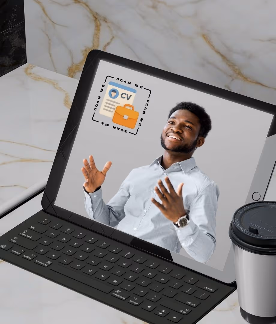 A tablet displaying a male candidate's video introduction alongside a digital CV with a QR code labelled Scan Me — showing how GoHeadHunt's eResume combines a profile and video in one shareable document.