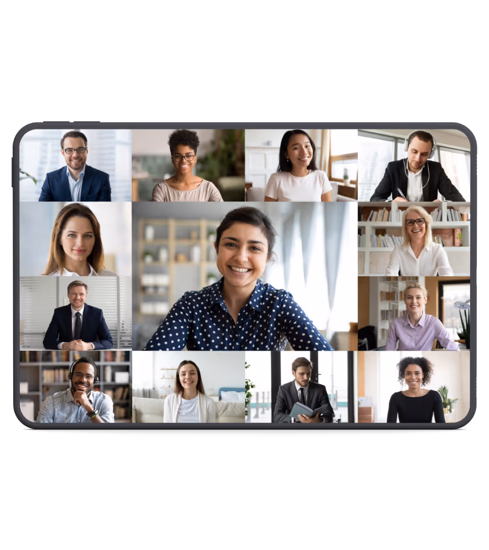 A screen displaying a grid of video interview thumbnails from multiple candidates — showing GoHeadHunt's talent pool view for high-volume hiring across multiple roles and locations.