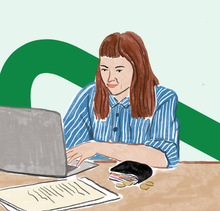 Illustration of a woman sitting at a desk on her laptop with papers and a wallet beside her.