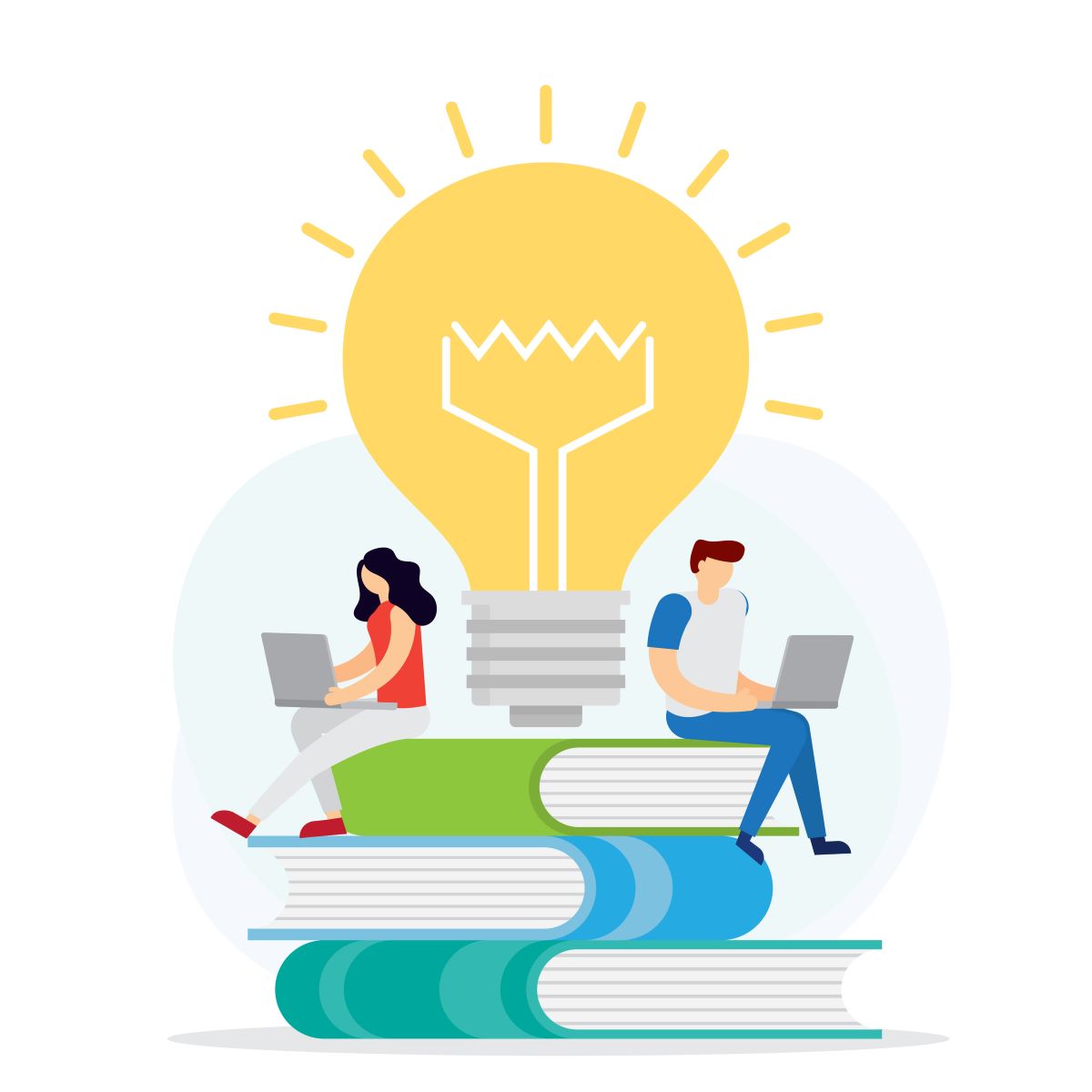 Illustration of two people sitting on a large stack of books with a light bulb above them