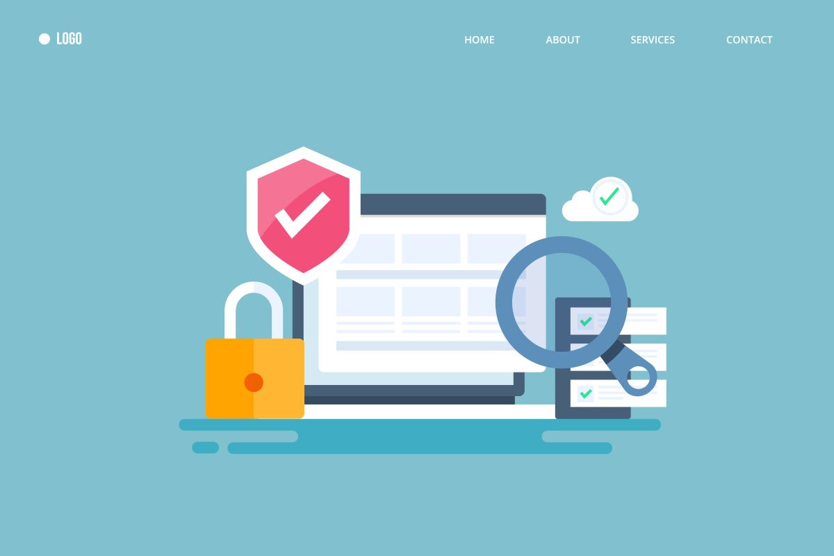 Illustration of desktop computer with magnifying glass, lock and red tick