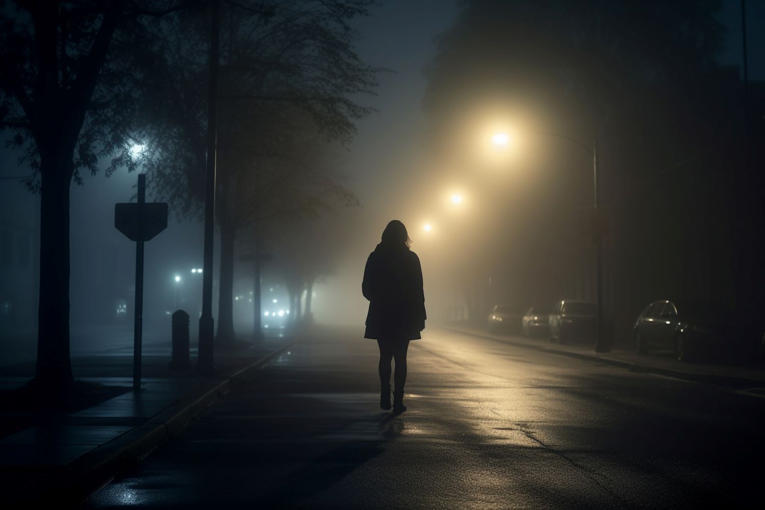 Silhouette walking down an empty street in the dark illuminated by lamp posts