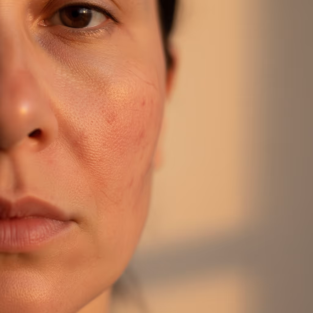 Melasma is a common skin condition characterized by discolored patches or dark spots on the face, most often appearing on the cheeks, forehead, and upper lip.