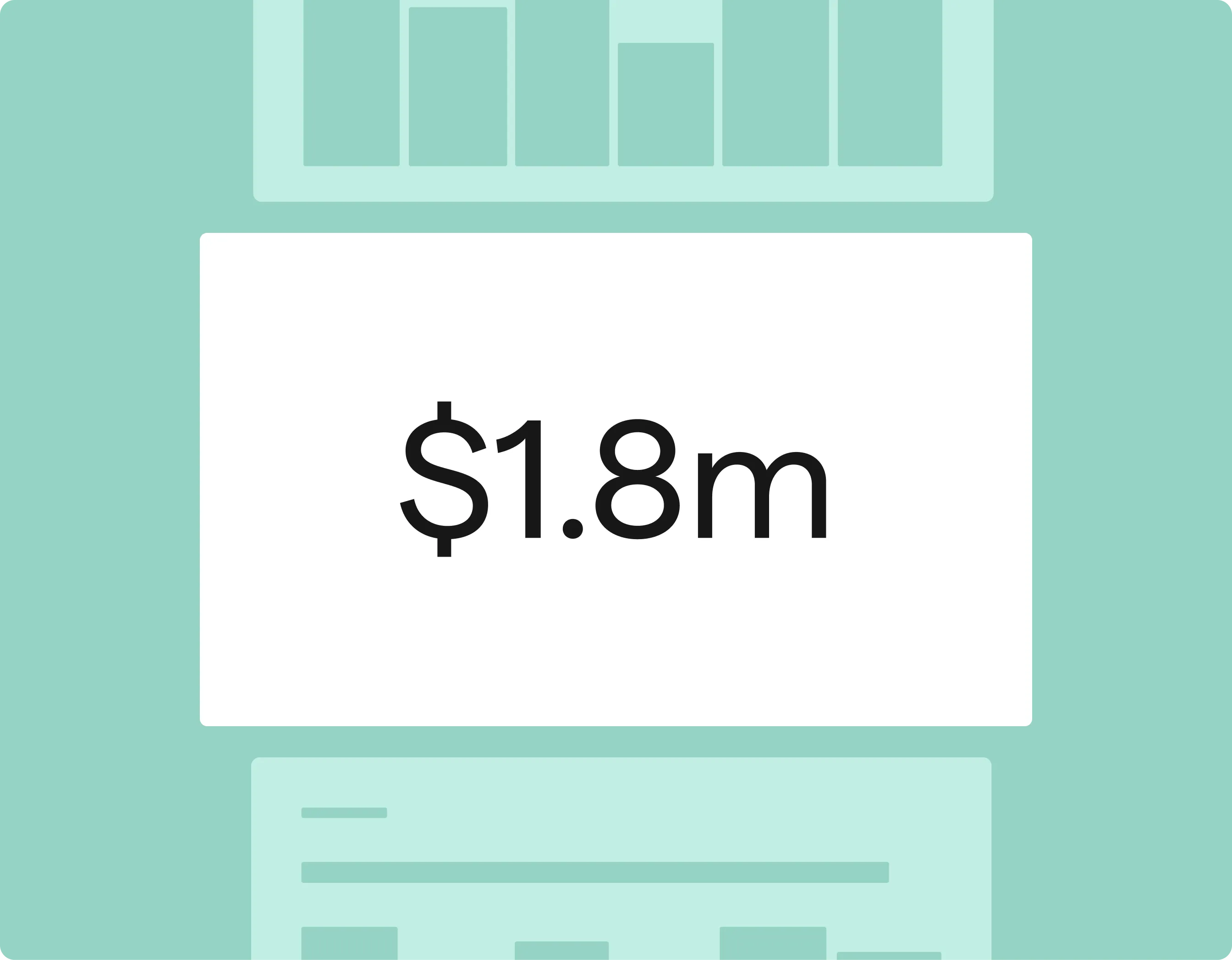 Image displaying the text "$1.8m" prominently on a white background, set against a light green backdrop with abstract charts.