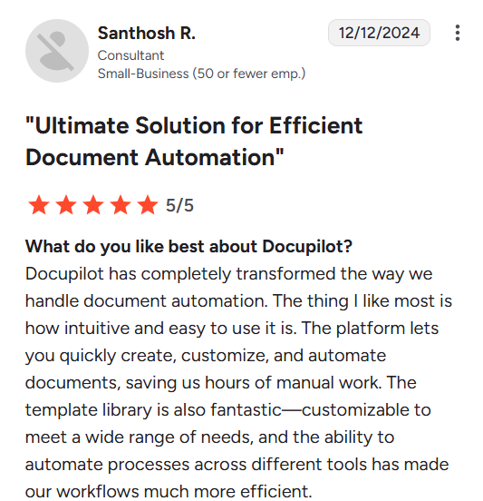 An image showing client’s honest review for Docupilot