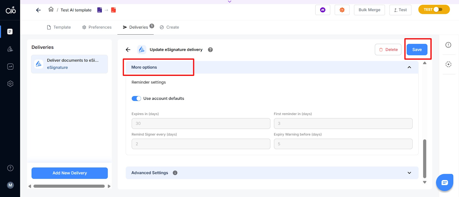 Screenshot of how to set up more options and save configured e-signature in Docupilot