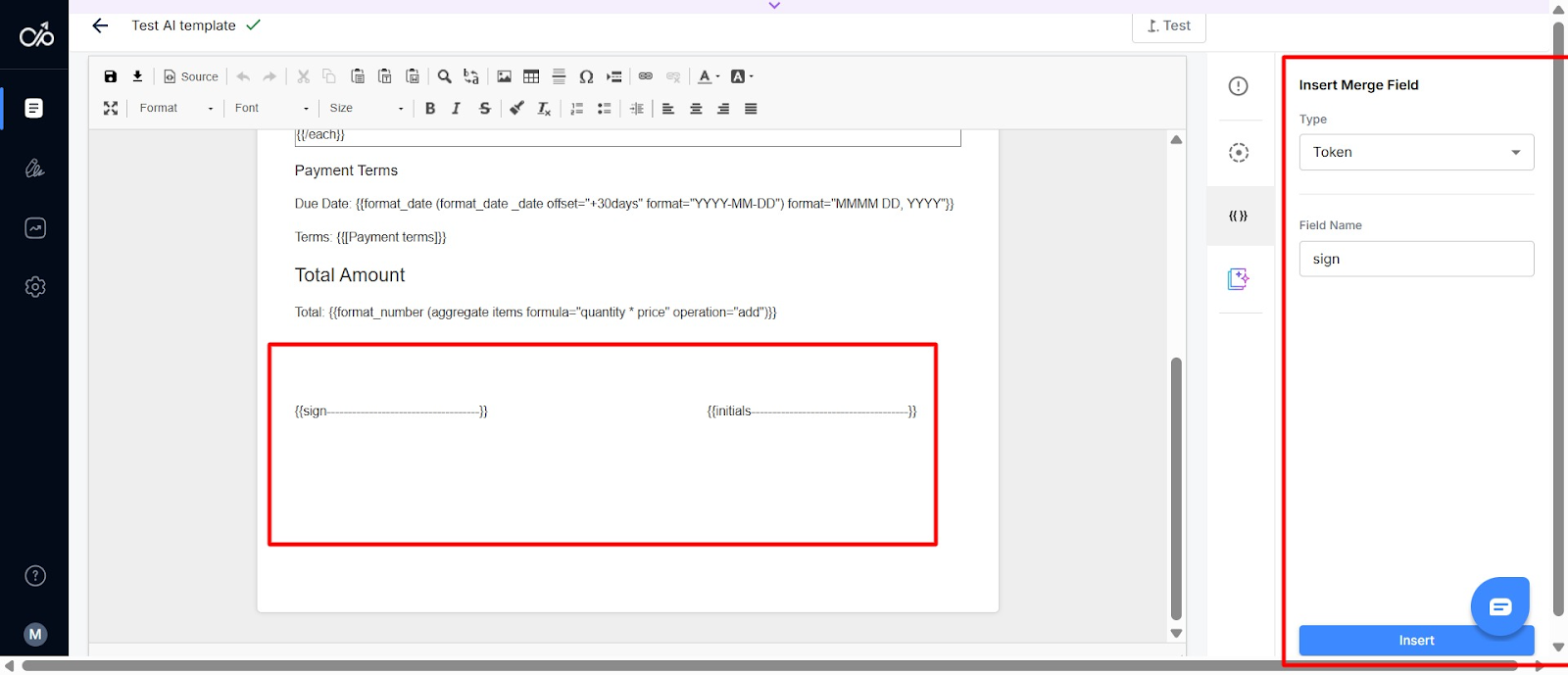 Screenshot of how to create e-signature fields in Docupilot