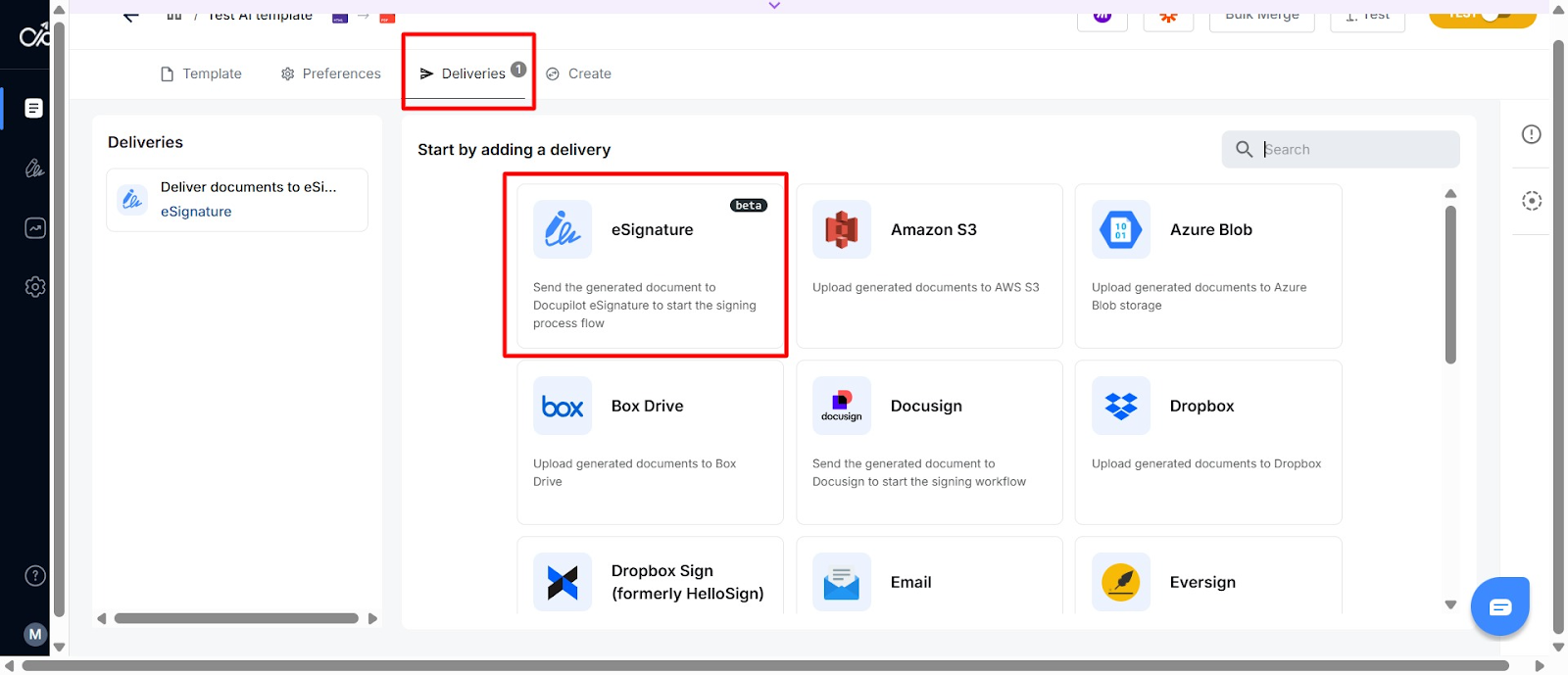 Screenshot of Docupilot dashboard showing how to locate the e-signature feature