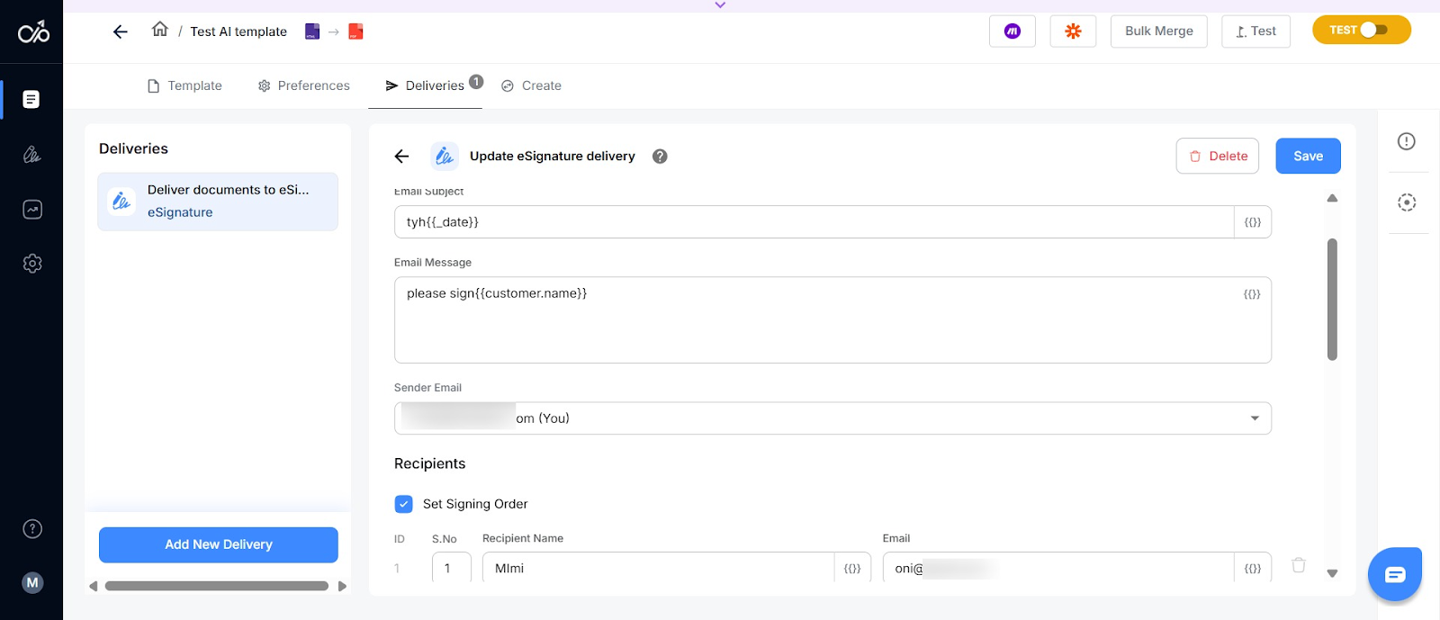 Screenshot of how to configure e-signature delivery in Docupilot