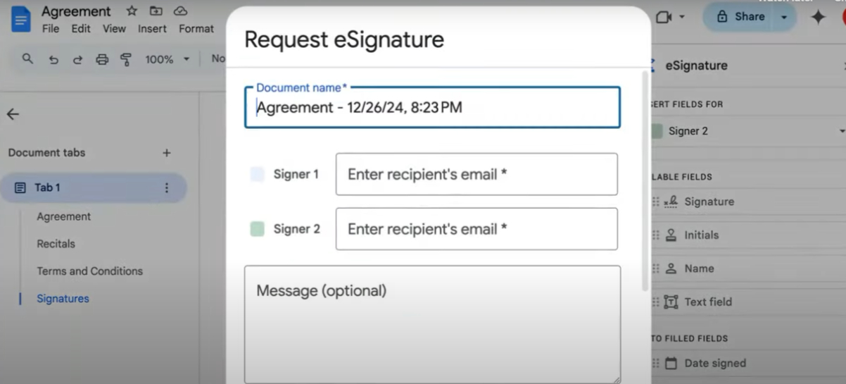 Screenshot of how to add recipients' email when requesting e-signatures in Google Docs’ e-signature tool