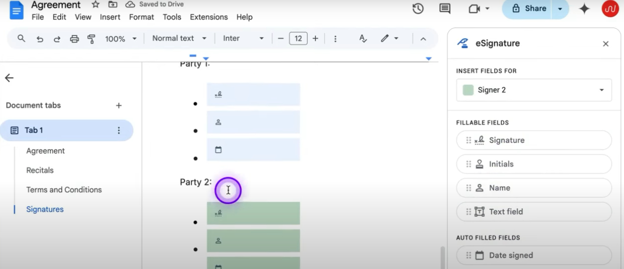 Screenshot of how to add signature fields in Google Docs’ e-signature tool