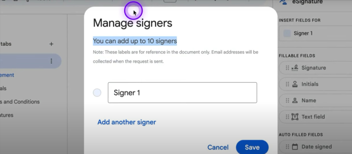 Screenshot of how to add signers in Google Docs’ e-signature tool