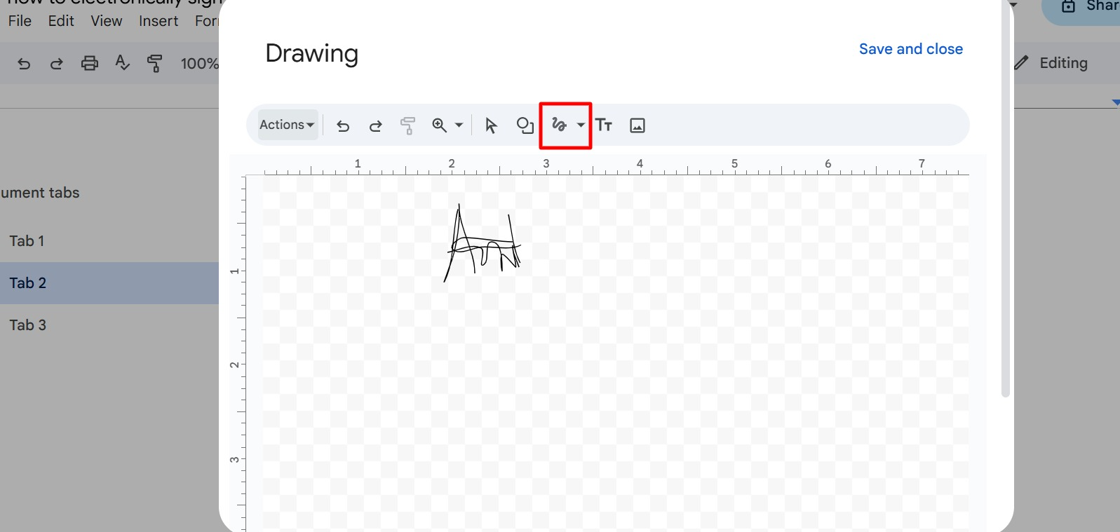 Screenshot of how to draw e-signatures in Google Docs