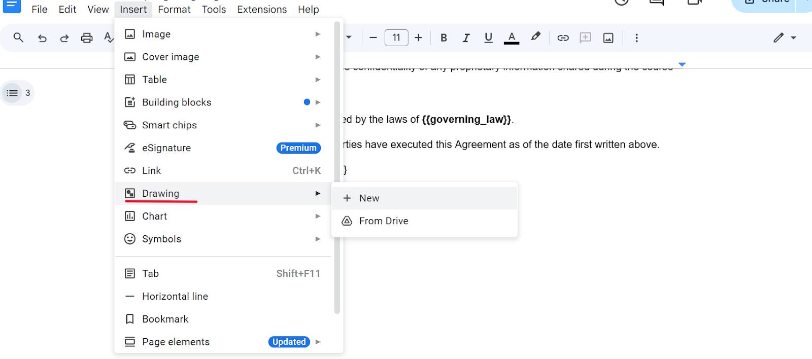 Screenshot of how to locate the drawing feature in Google Doc